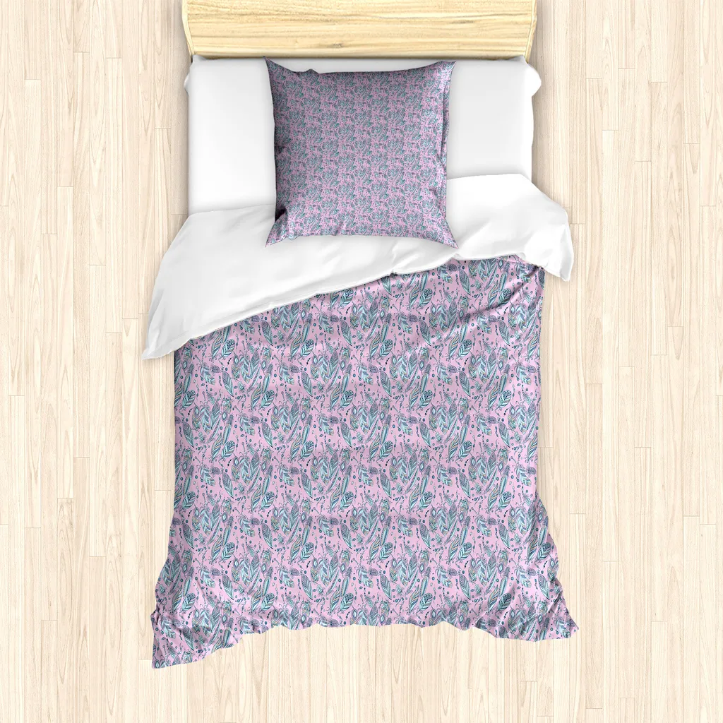 ABAKUHAUS Set copripiumino Bohemien per letti singoli, perle e piume locali, antiacaro, adatto a chi soffre di allergie, con federa, 135 cm x 200 cm - 80 x 80 cm, rosa baby e azzurro pallido