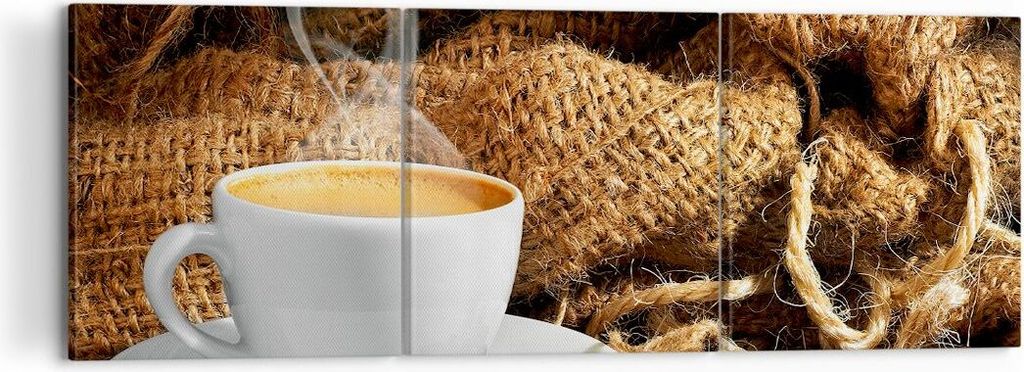 Bild auf Leinwand - Leinwandbild - Cappuccino Tasse Körner Beutel - 120x40cm - Wand Bild - Wanddeko - Leinwanddruck - Bilder - Kunstdruck - Wandde...