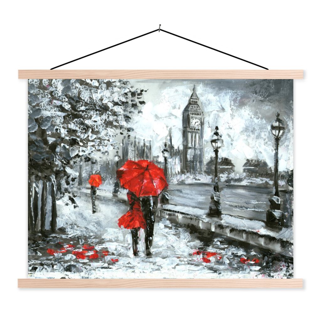 MuchoWow Textilposter Gemälde - Regenschirm - Öl 120x90 cm mit holzfarbenen Rahmen - Magnetisch