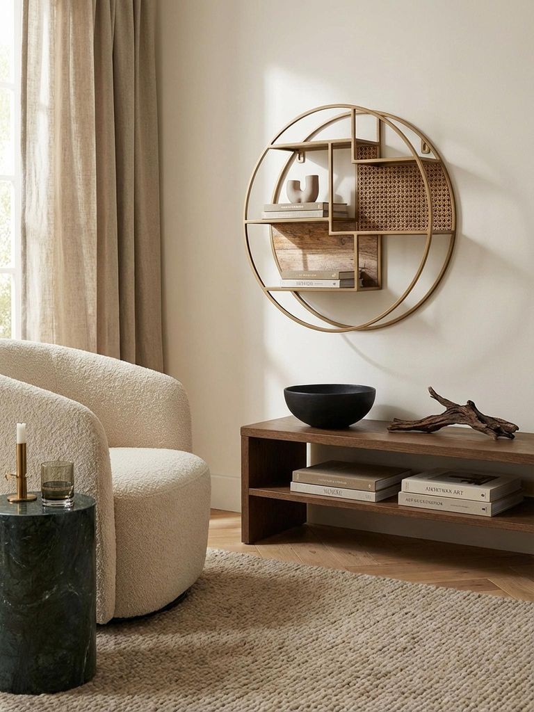 Wandregal Rattan 62x62x17 cm Hängeregal Massivholz / Metall Industrial, Schweberegal Wiener Geflecht Rund Wand, Regal Hängend Offen Wohnzimmer