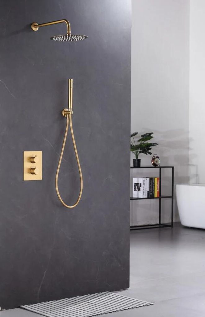 WEBO Atlanta Unterputz-Regendusche – s Duschsystem mit Handbrause – Thermostatarmatur – Mat Gold Gebürstet