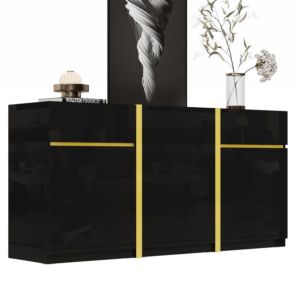 Buffet noir brillant 160 cm - Meuble de rangement 3 portes et 2 tiroirs
