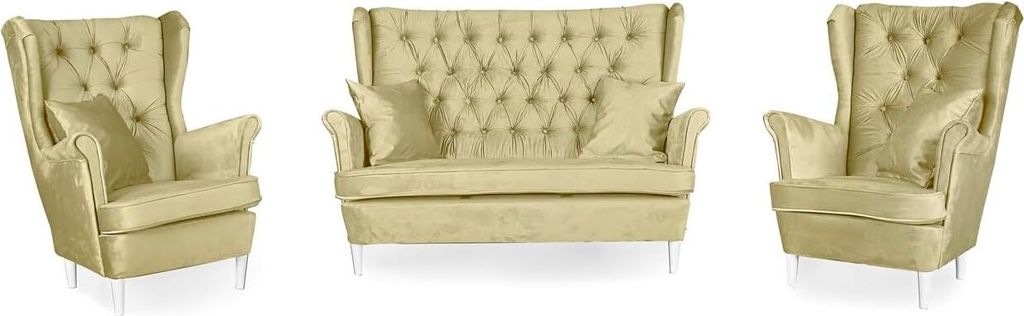Family Meble Set aus Sofa + 2 Sessel Gaja 2-Sitzer Sofa Couch Zierpolsterung Freistehendes Lounge Sofa Bequem zum Entspannen Wohnzimmer Büro (MONO...