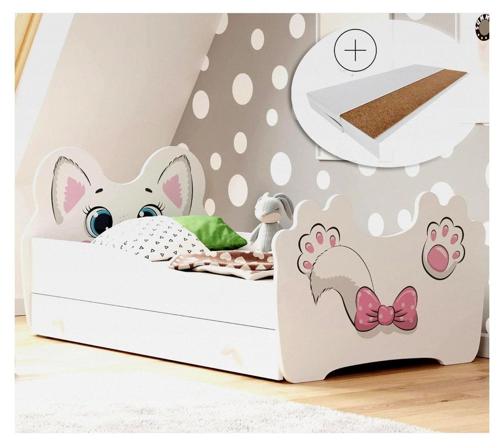 Kinderbett Jugendbett 70x140 | 80x160 cm mit Matratze, Schublade und Lattenrost, Motiv Katze aus MDF-Holz, hergestellt in Europa | von Geburt bis z...