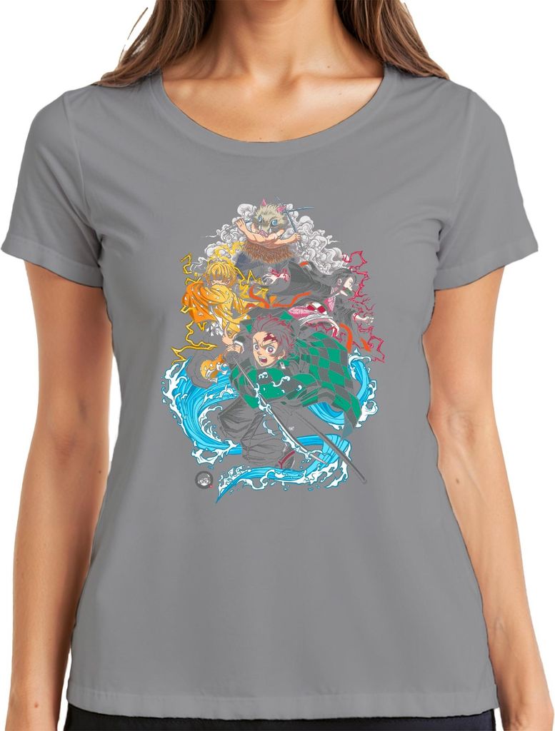 Kimetsu no Yaiba Tanjiro Nezuko Zenitsu Inosuke Anime Geschenk Damen T-Shirt, Grau, S