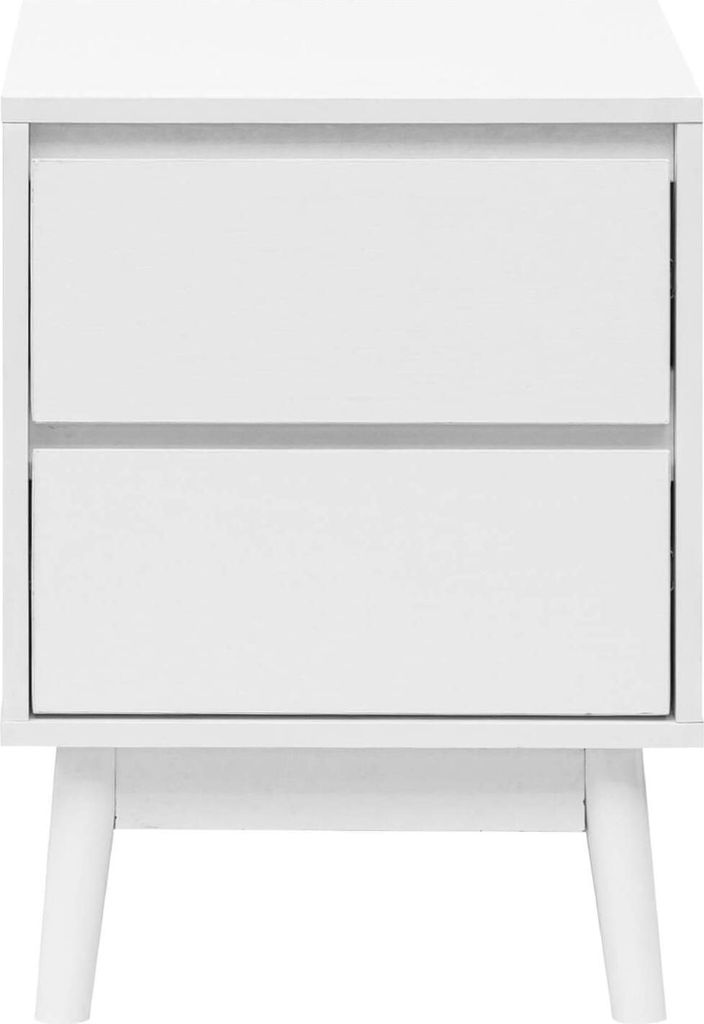 A white, two-drawer nightstand with angled legs, shown from the front against a white background.