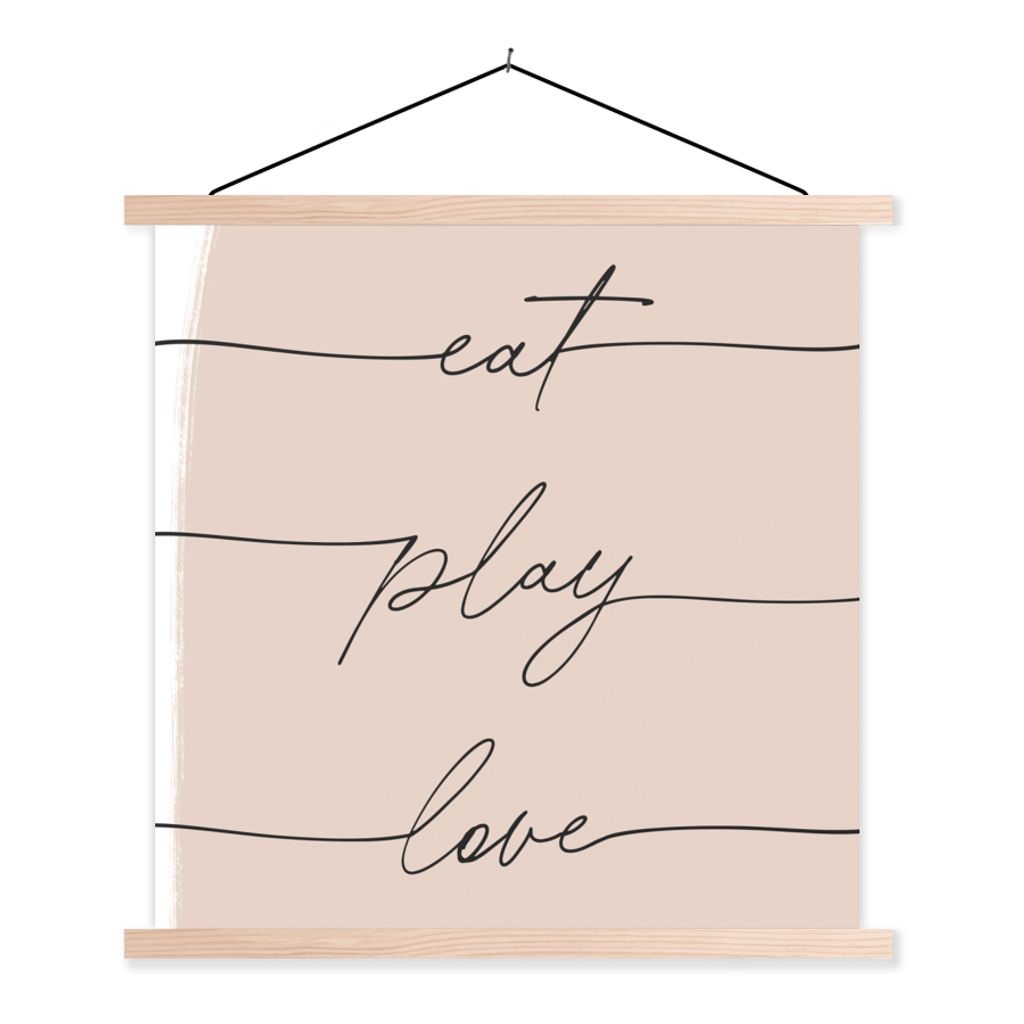 MuchoWow Textilposter Text - Zitate - Essen spielen Liebe - Essen 40x40 cm mit holzfarbenen Rahmen - Posterleiste