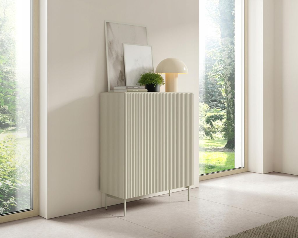 Highboard Muti Kaschmir Matt | Kommode Hoch 99 cm mit Riffel-Fronten | grifflos mit Push-to-Open & Metallfüßen