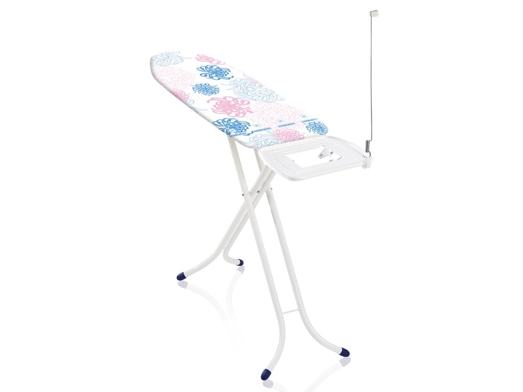 A white ironing board with a floral pattern cover is shown against a white background.