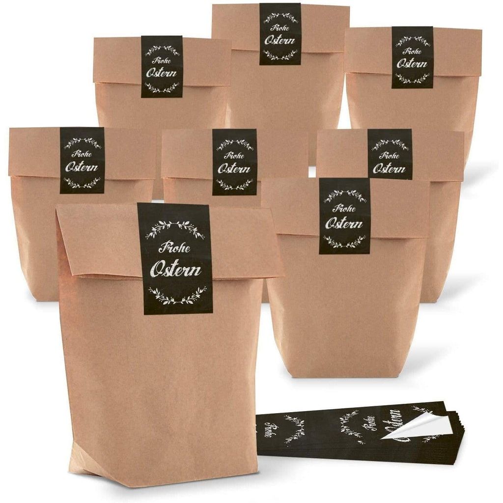25 kleine Papiertüte braun rot weiß HERZ Frohe Ostern Verpackung 16,5 x 26 x 6,5 cm MIT AUFKLEBER Papierbeutel Ostertüte Osterhase Osterverpacku...