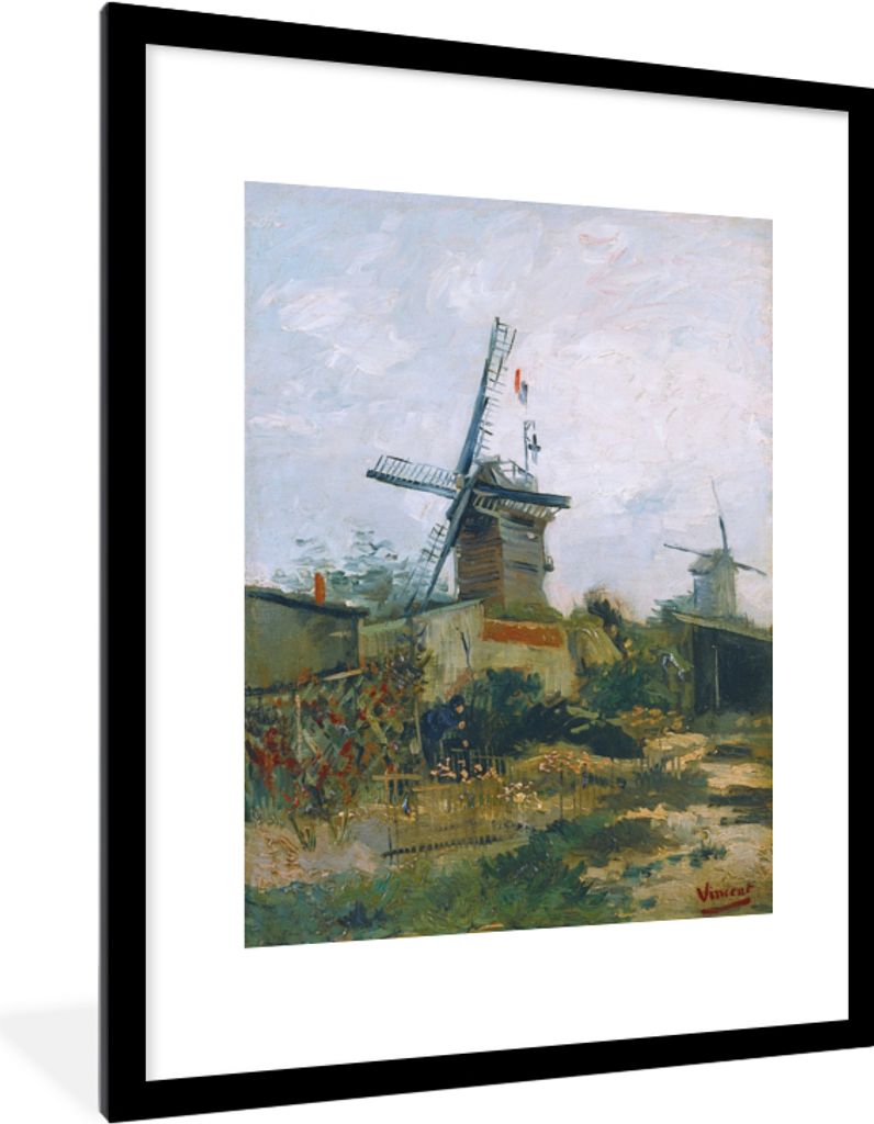 MuchoWow MuchoWow Gerahmtes Poster Windmühlen auf dem Montmartre - Vincent van Gogh 60x80 cm - Poster mit zchwarzem Bilderrahmen - Wohnzimmer ...