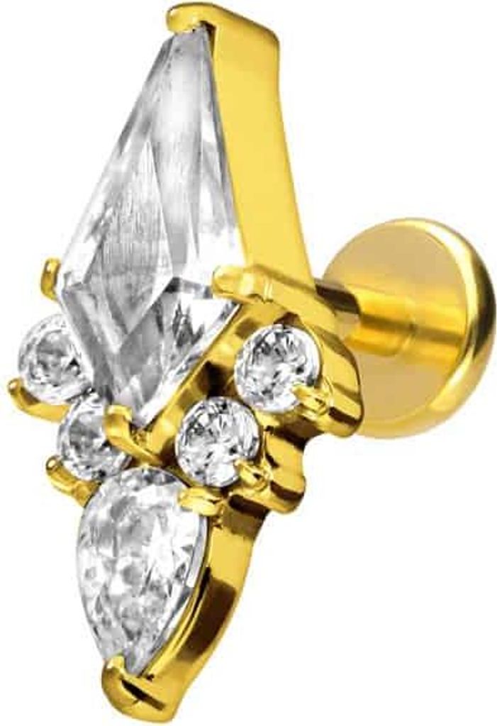 Ohrpiercing, Nasenpiercing Titan Labret mit Push Fit KRISTALLSCHILD Gold Stablänge: 7mm | Stabstärke: 1mm