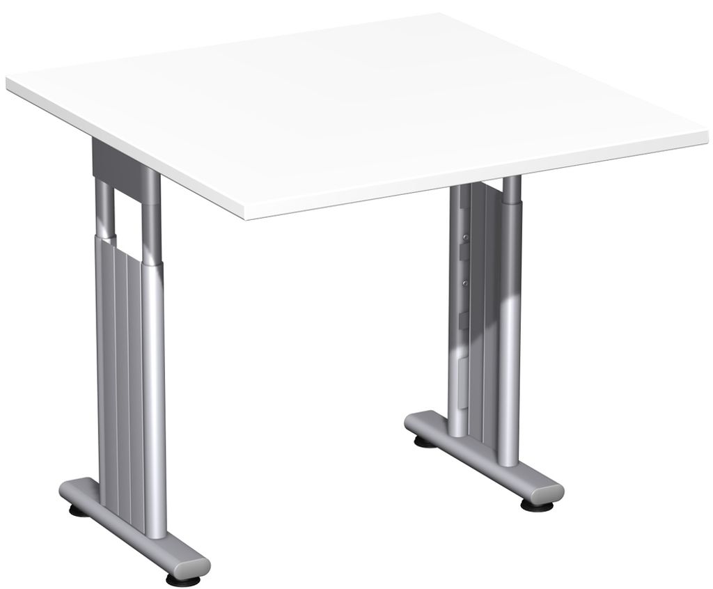 Schreibtisch höhenverstellbar, beidseitig zurückgesetzt, 800x800x680-820, Weiß/Silber