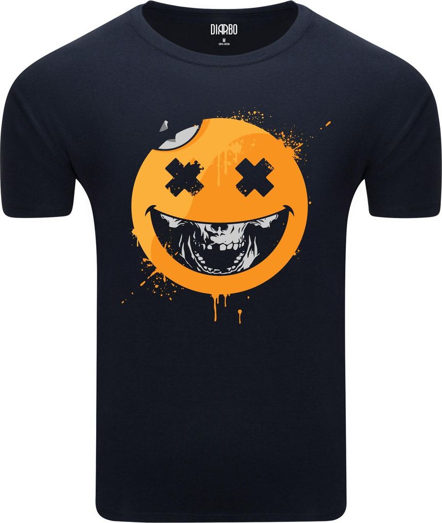 Diarbo Herren T-Shirt mit Düsterem Druck Lächelnder Totenkopf-Emoji Dunkelblau Gr.L