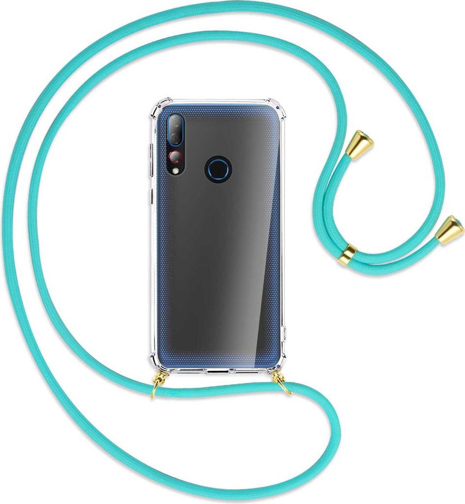 Handykette Backcover-Schutzhülle mit Band (Metall goldfarben) für HTC Desire 19 Plus / 19s - türkis