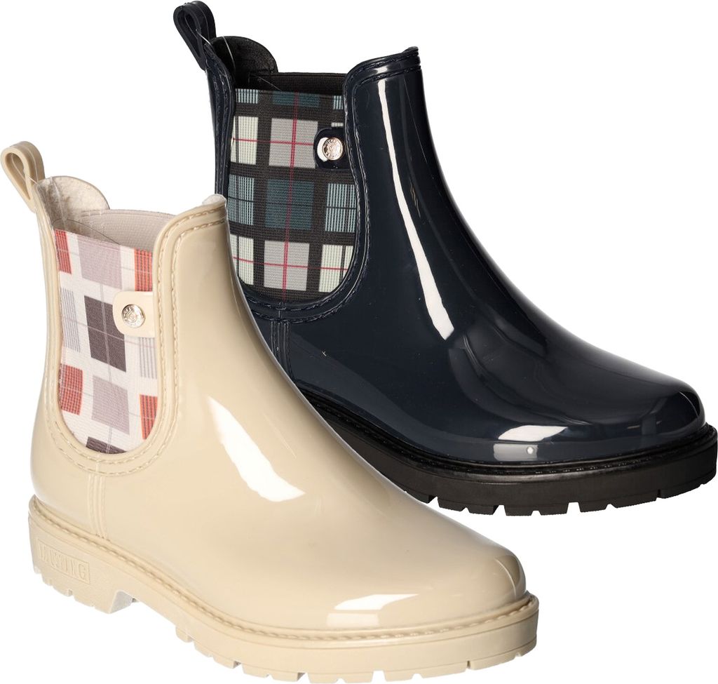 Mustang Damen Stiefelette Gummistiefel Glanzfinish Stretch Karomuster 1444-502, Größe:40 EU, Farbe:Beige