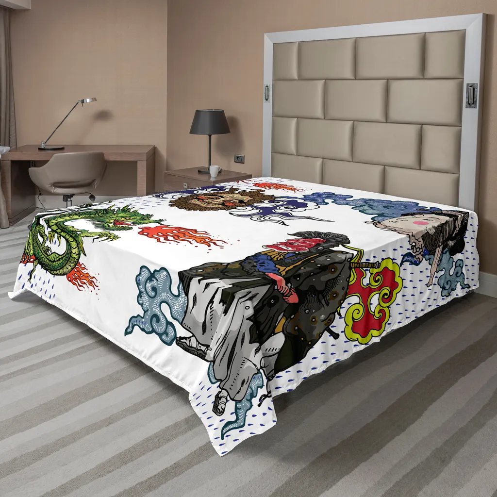 Drap plat décoratif Dragon avec personnages japonais 266x260 cm Vert