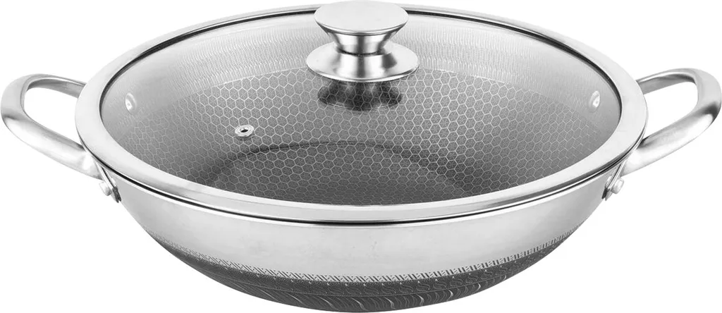 Cheffinger, wok 32 cm con rivestimento antiaderente a nido d'ape e coperchio antigraffio, argento