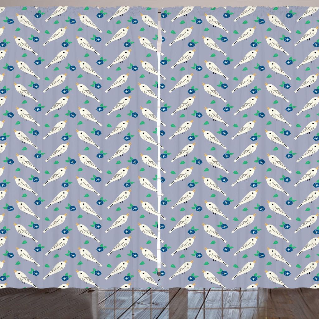 ARANDE Frühling Gardine, Japanische Vögel Tweeting Chirping Blumen Blätter Muster Natur, 280 x 175 cm, Pale Ceil Blau Elfenbein