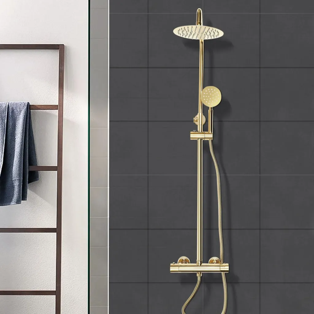Colonne de douche dorée thermostatique avec grand ciel de pluie et douchette - 6