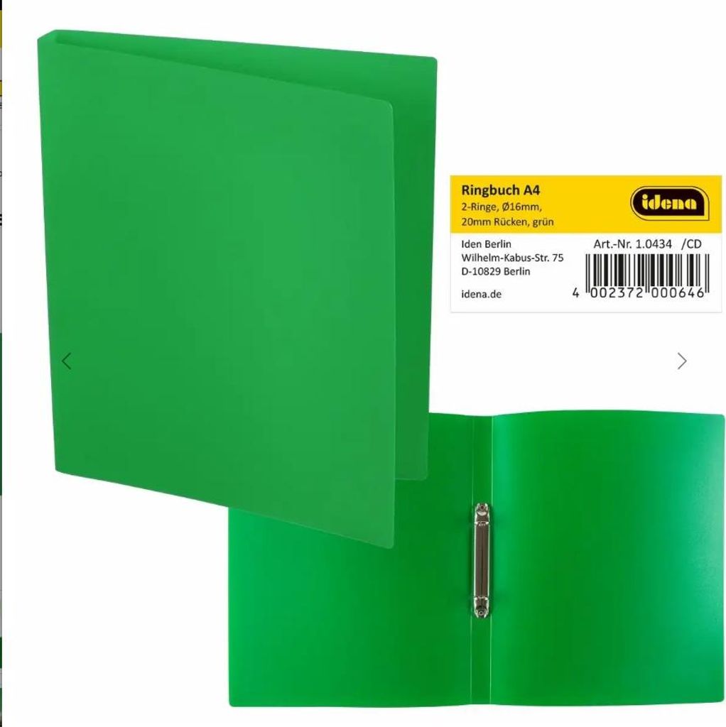 IDENA Ringbuch A4 2 Ringe PP Idena grün 20mm Produktbild 