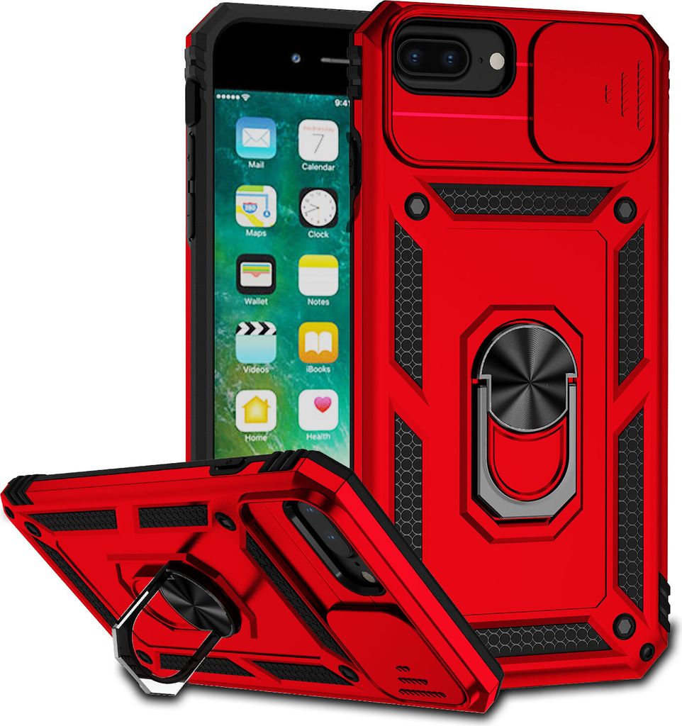 iPhone 8 Plus Hülle mit Schiebe Kamera Schutz und Ringhalter Ständer Robust Rüstung Schutzhülle für iPhone 8 Plus/7 Plus/6 Plus/6s Plus Rot