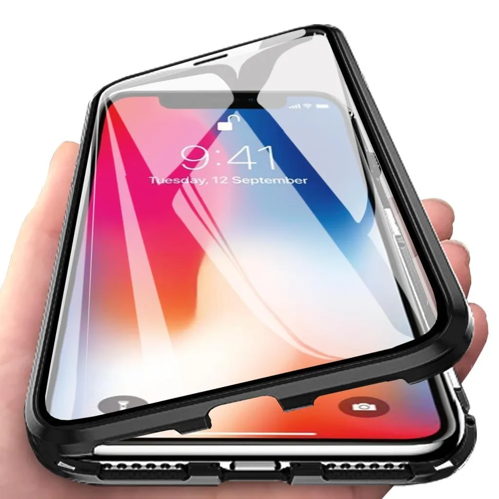 Cover iPhone X Vetro Temperato 360 Gradi - Case Magnetico Metallo Nero