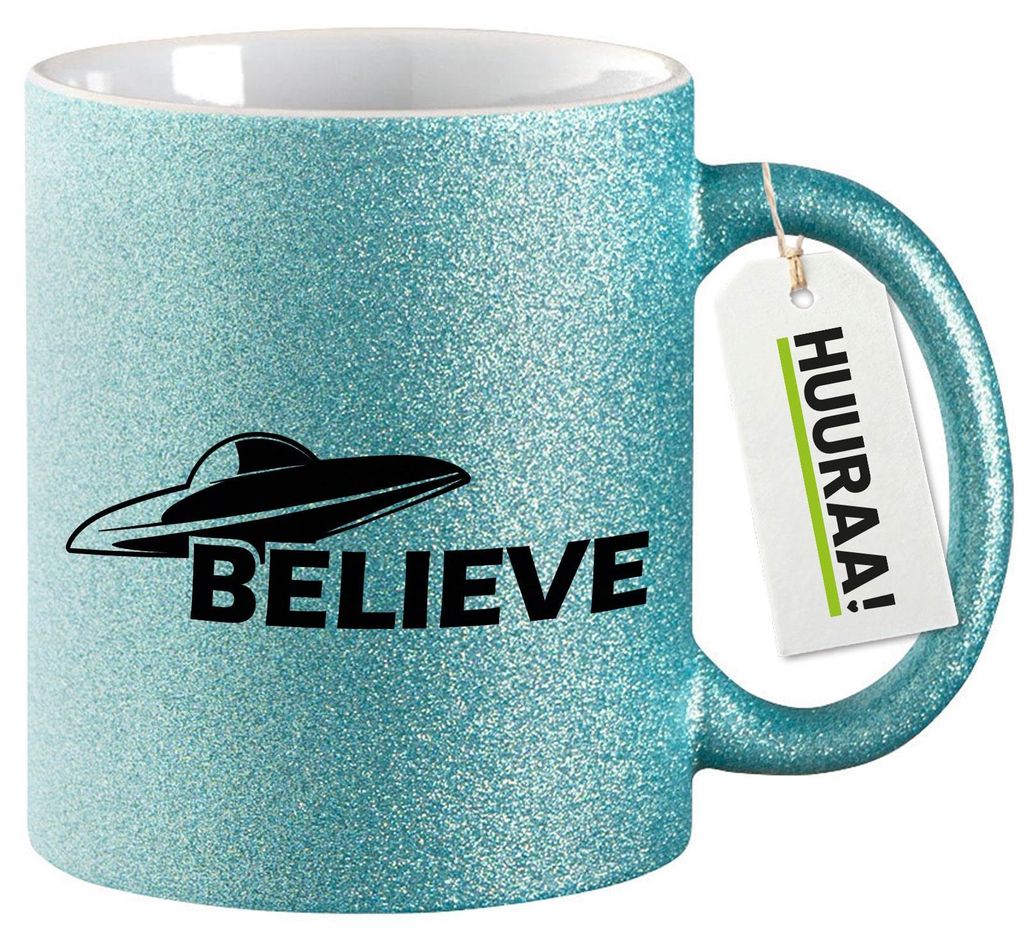 Huuraa Glitzertasse UFO Believe 330ml Blau Keramik Kaffeebecher Geschenkidee