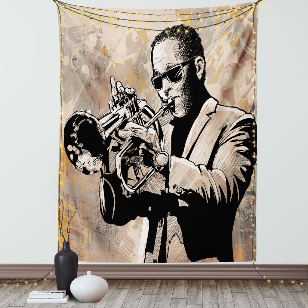 ABAKUHAUS Jazz Musik Wandteppich, Grunge Illustration Des Afrikanischen Musikers Mit Der Die Trompete Spielt, Wohnzimmer Schlafzimmer Seidiger Sati...
