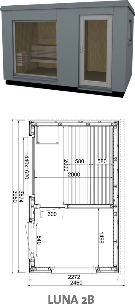 Infraworld Luna 2 Außensauna mit HPL-Platten Anthrazit versch. Fenstergrößen und Inneneinrichtung