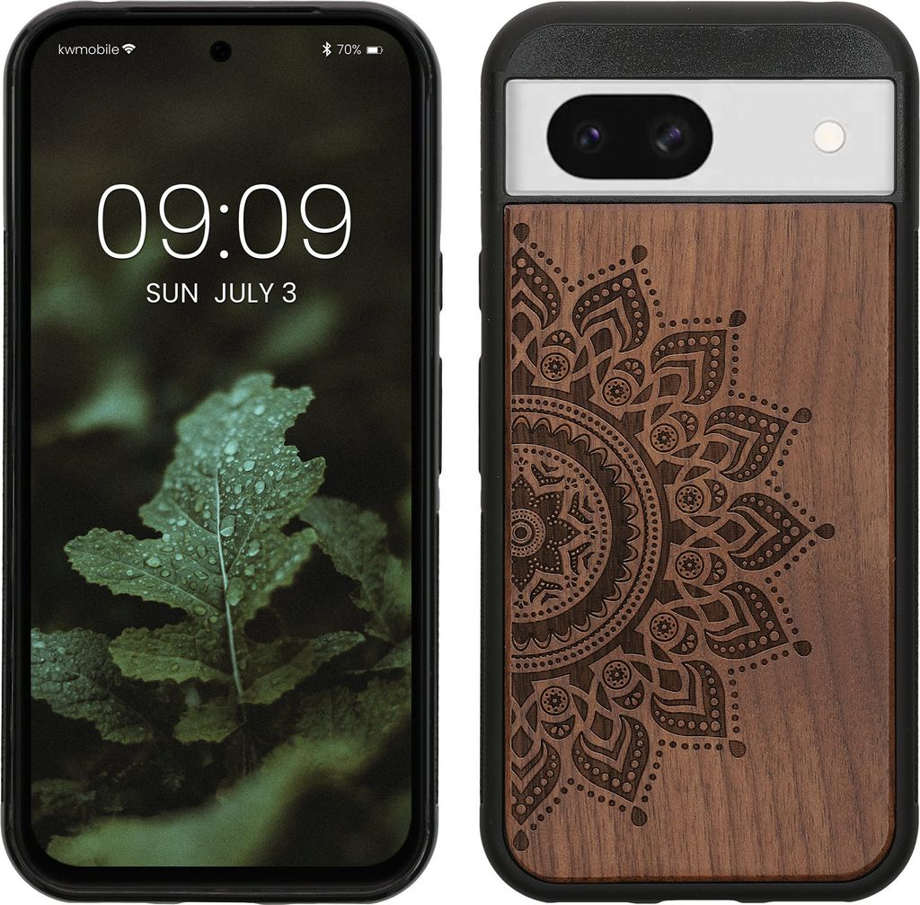 kwmobile Hülle kompatibel mit Google Pixel 8a Hülle - Holz Case - Handy Cover - TPU Handyhülle in Dunkelbraun Aufgehende Sonne