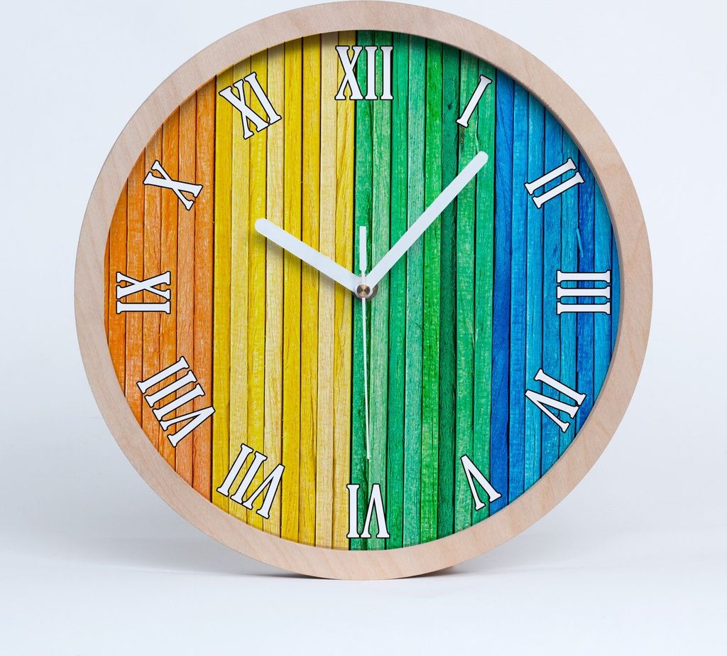 Holzuhr 30fi cm wanduhr - weiße Spitzen - bunte Streifen