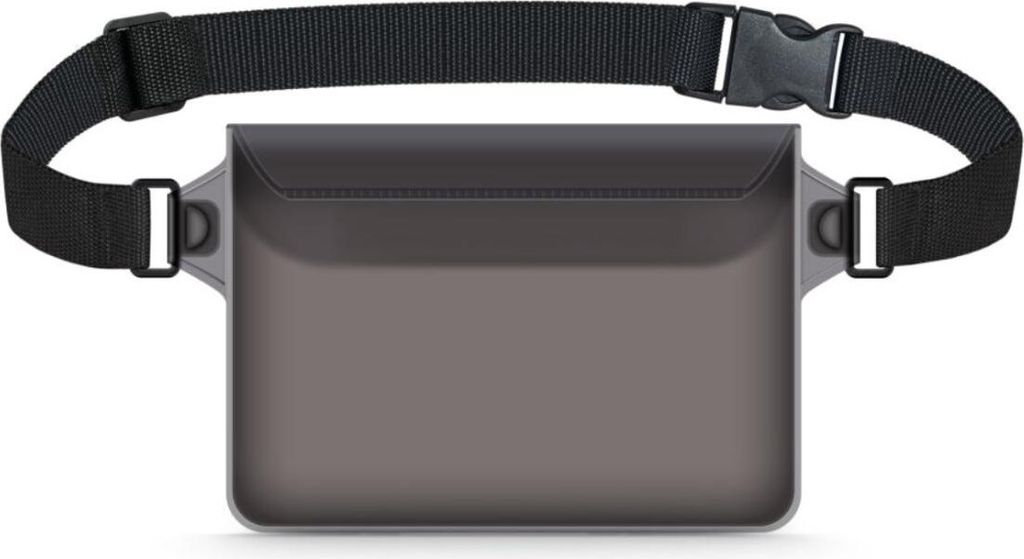 A black and gray waterproof bag with a strap.