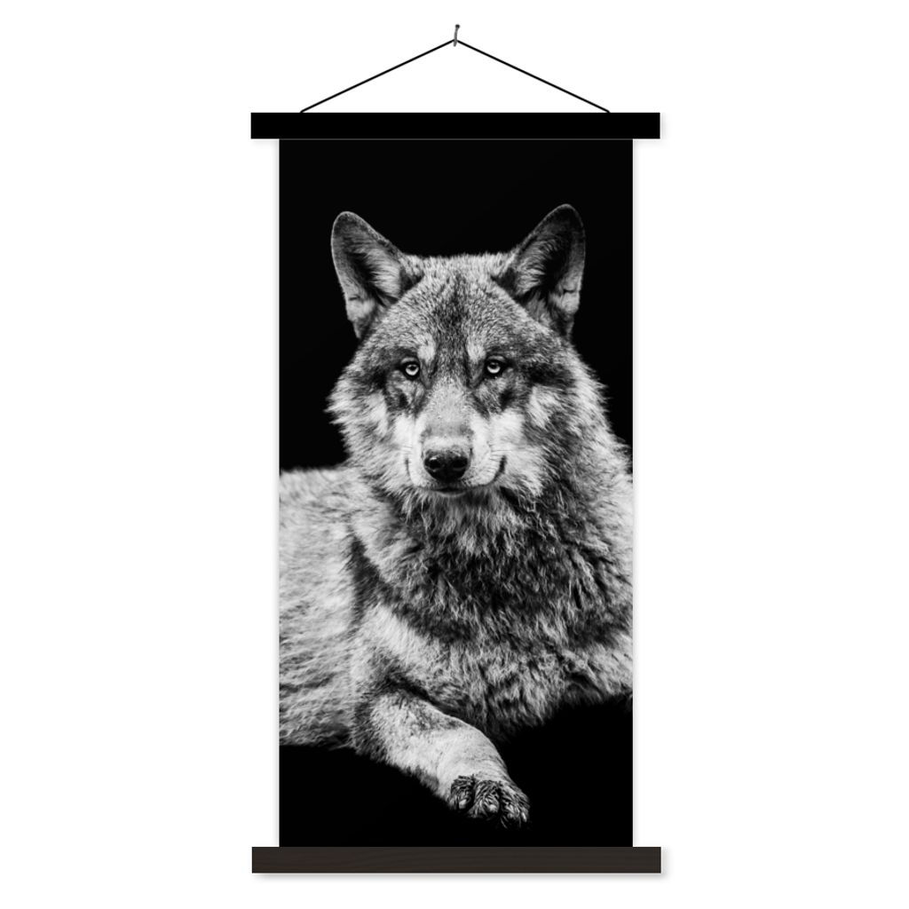 MuchoWow Textilposter Wildlife - Wolf - Schwarz - Weiß 90x180 cm mit schwarzem Rahmen - Dekoration Wohnzimmer