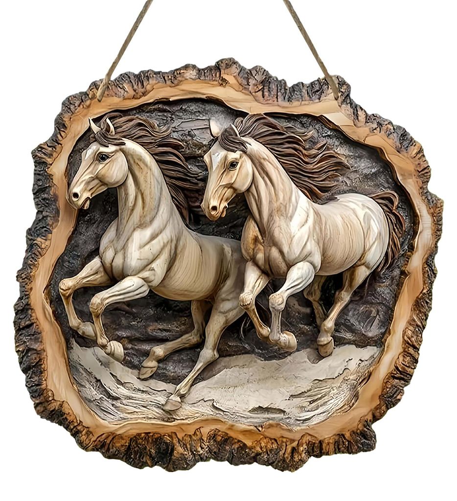 2D-Flaches Tier-Holzornament, rustikales Pferd, Vogel im Baum, Türschild, Willkommensschild für Landhaus-Eingangsbereich, Terrasse, Wohnzimmer, B...