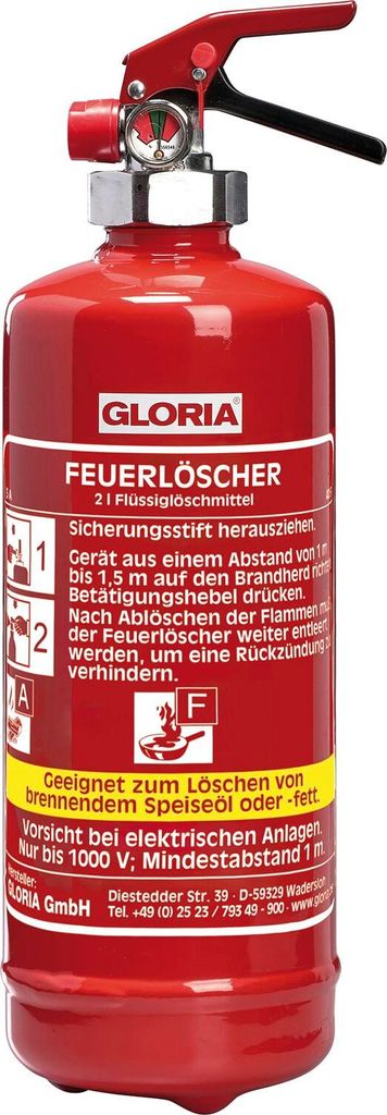 Gloria Fettbrandfeuerlöscher 2 Liter FDA2, Brandklasse A/F, Manometer, ohne PFAS