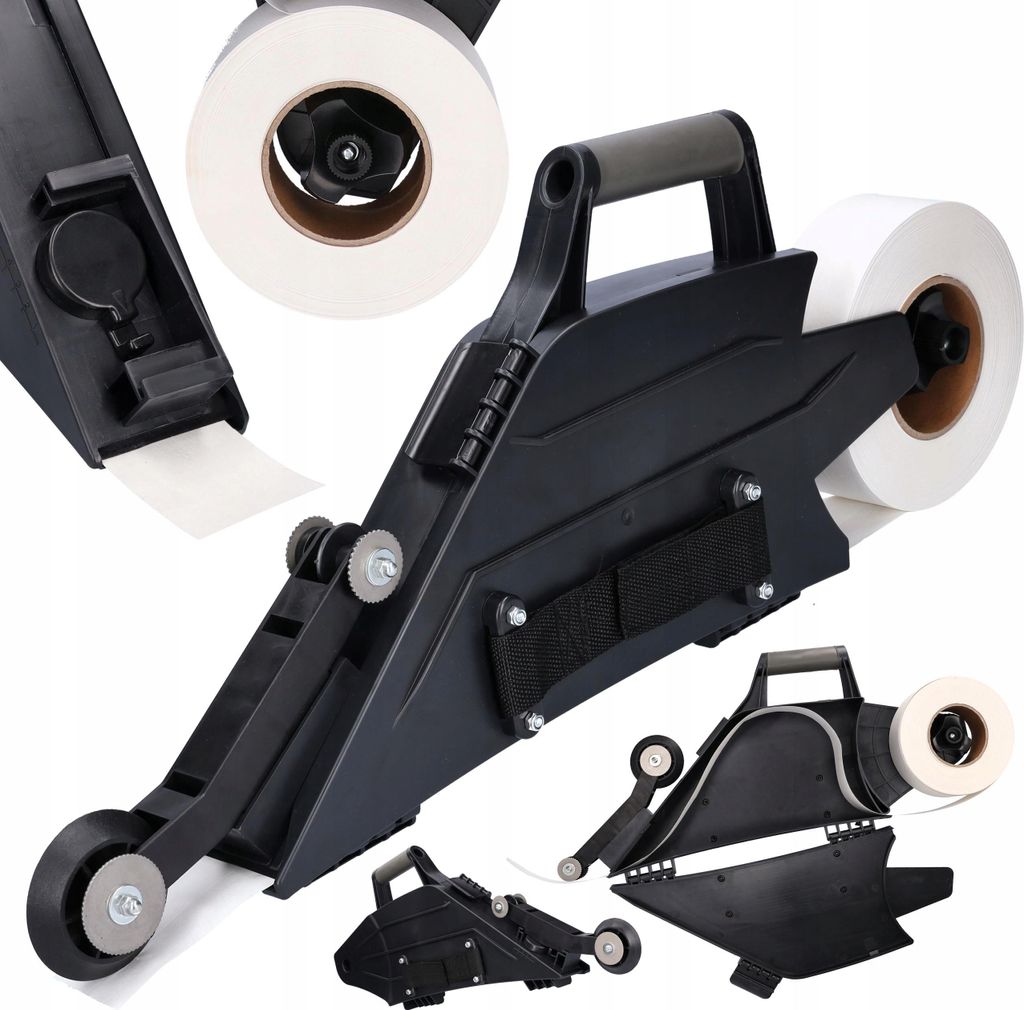 A collage of images showing a drywall tape applicator tool from different angles, with close-ups of its components and a roll of tape.