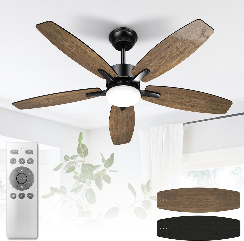 A ceiling fan with wooden blades and an integrated light is shown against a white background, with a remote control and extra fan blades displayed in the foreground.