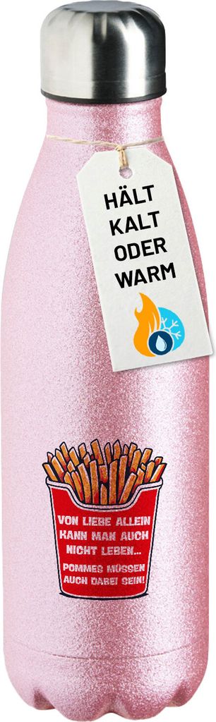 Huuraa Trinkflasche Liebe allein nicht Pommes dabei 500ml Pink Edelstahl Wasserflasche Trinkflasche Geschenkidee