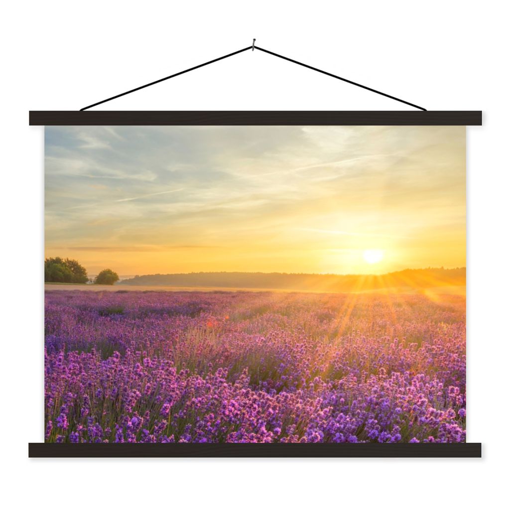 MuchoWow Textilposter Lavendel - Sonnenuntergang - Bäume - Lila 150x113 cm mit schwarzem Rahmen - Wohnzimmer