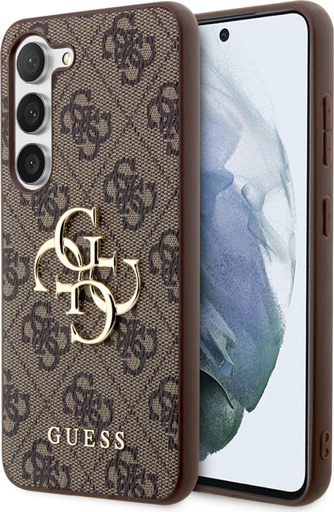 A close-up shot of a brown phone case with the Guess logo and pattern, placed next to a smartphone.