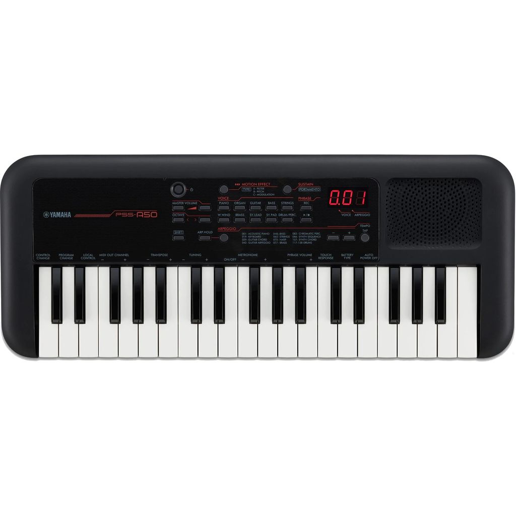 A black Yamaha PSS-A50 keyboard is shown from the front against a white background.