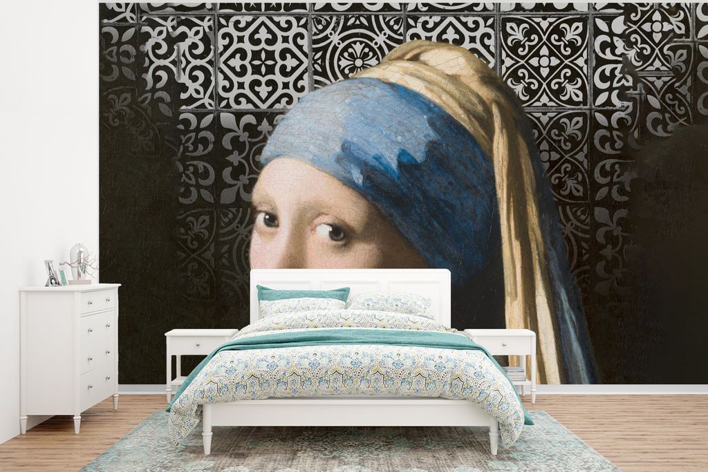 MuchoWow Fototapete für Wohnzimmer oder Schlafzimmer Wandtapete Vinyl Motivtapete Kunst - Mädchen mit Perlenohrring - Schwarz - Weiß - 350x260...