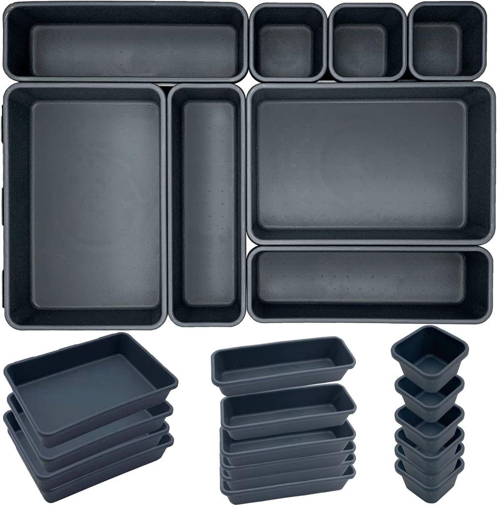 Set mit 24 extra tiefen Schubladeneinsätzen aus Kunststoff, universelle Form, hält Schubladen in Büro und Zuhause ordentlich