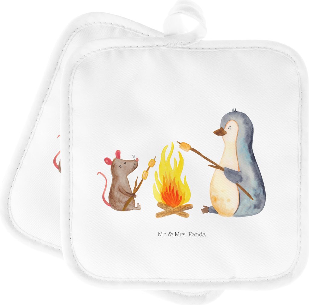 Mr. & Mrs. Panda Topflappen Pinguin Lagerfeuer - Weiß - Geschenk, Leben, Topfuntersetzer, Ofenlappen, topfhalter, Büro, Feuer, Arbeit, Doppel, Jo...