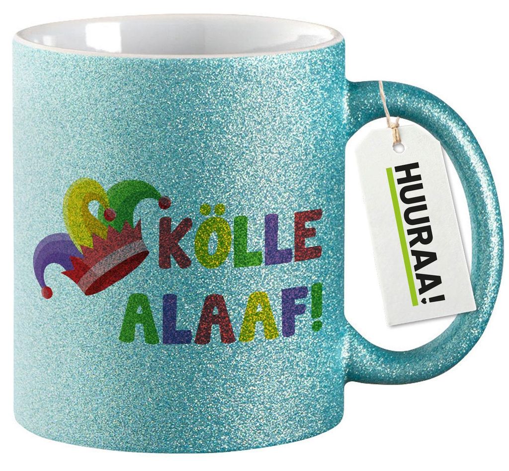 Huuraa Glitzertasse Kölle Alaaf Narrenkappe 330ml Blau Keramik Kaffeebecher Geschenkidee
