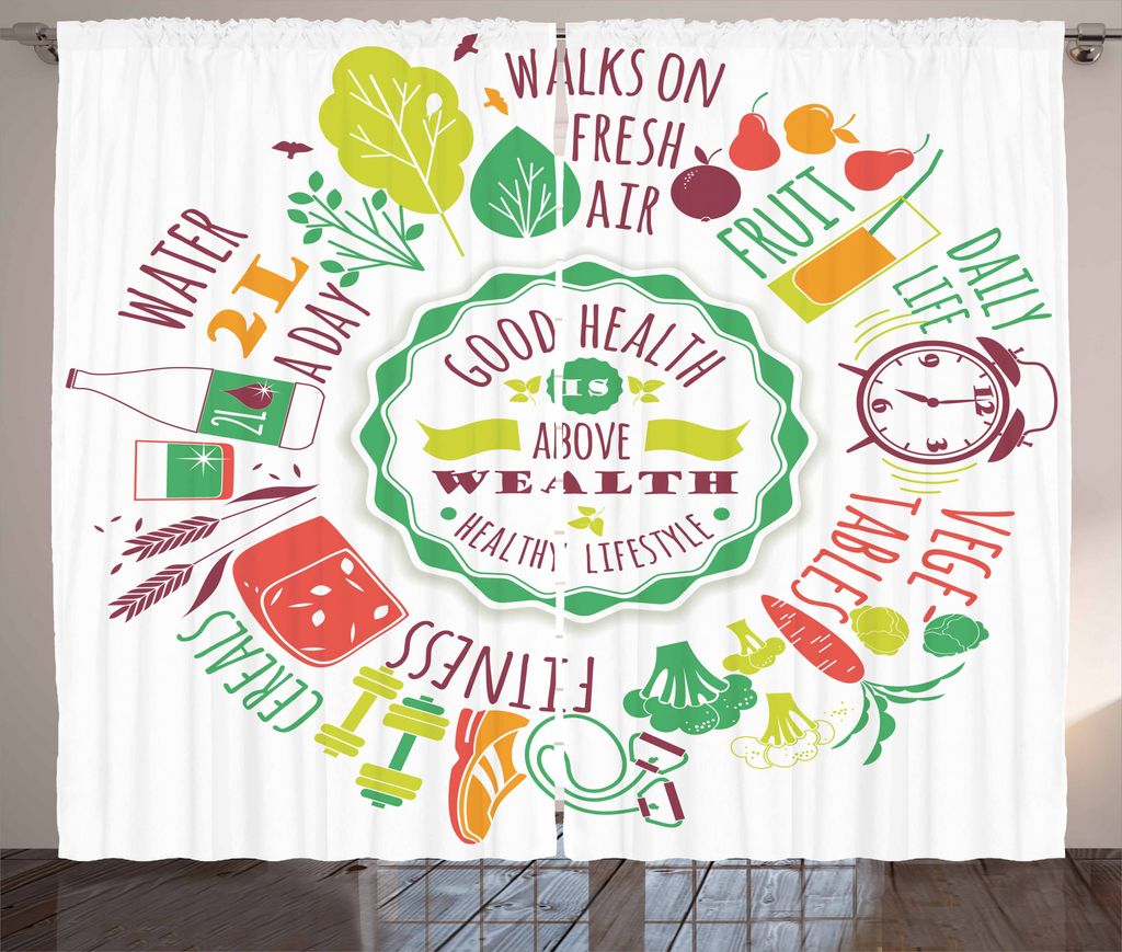 ABAKUHAUS Fitness Rustikaler Vorhang, Motivierende Textikonen, Wohnzimmer Universalband Gardinen mit Schlaufen und Haken, 280 x 225 cm, Mehrfarbig