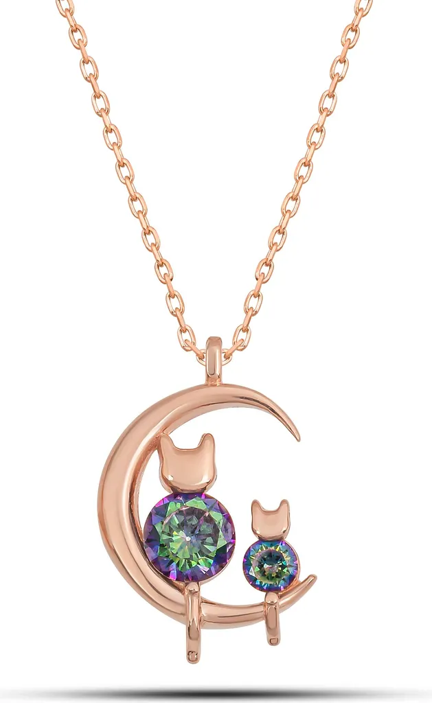 Collier Argent Rose Hypoallergénique Chat Lune et Topaze Mystique