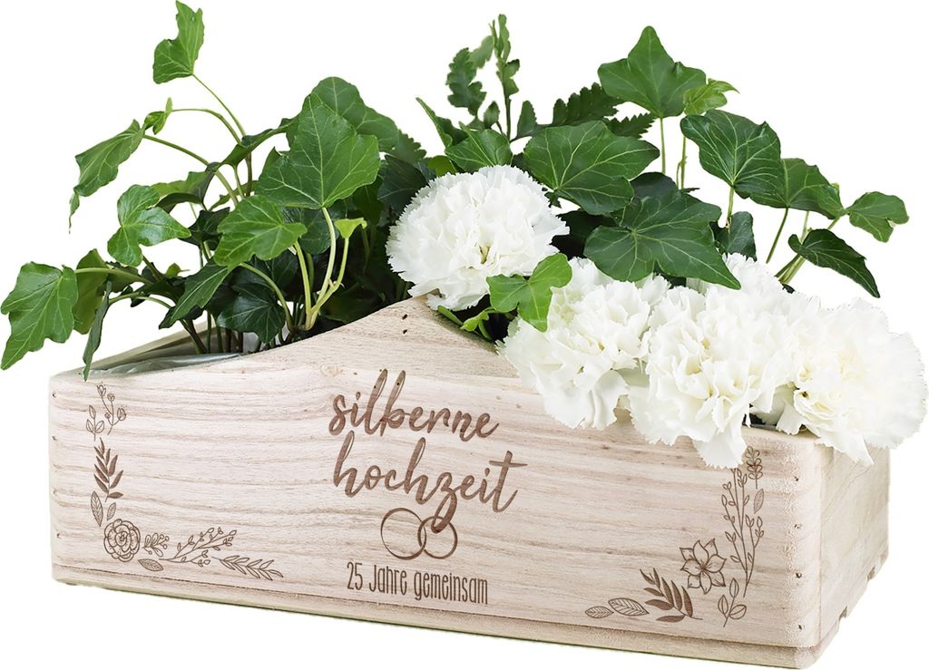 Geschenkkorb aus Holz zur silbernen Hochzeit – Dekorative Geschenkbox mit Gravur "Silberhochzeit" - Pflanzkorb mit Griff