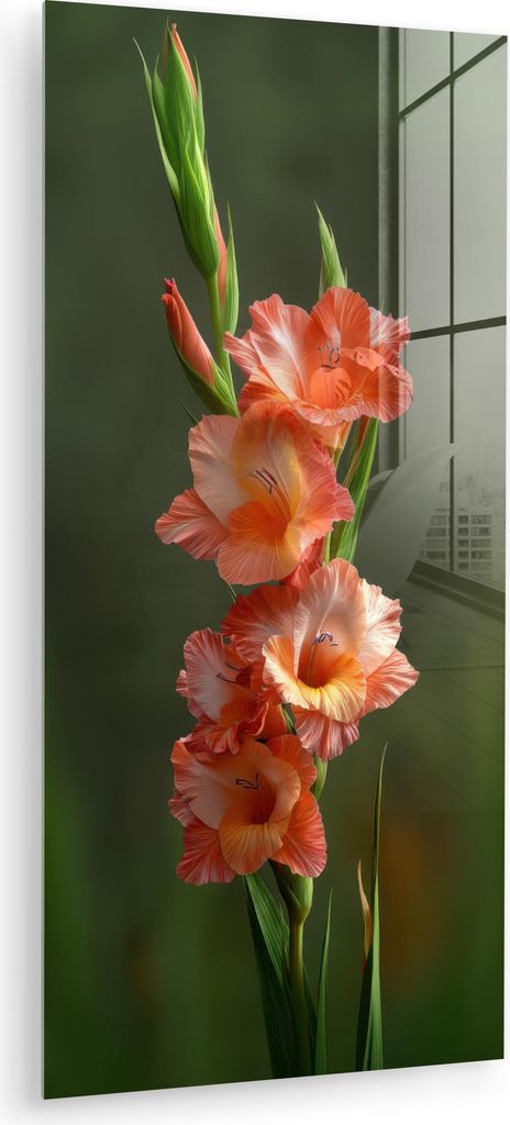 MuchoWow Glasbilder - Bilder auf Wandbild - Foto auf Glas Blume - Gladiolen - Lachsrosa 60x120 cm Wanddekoration aus Glas - Acrylglasbild - Acrylbi...